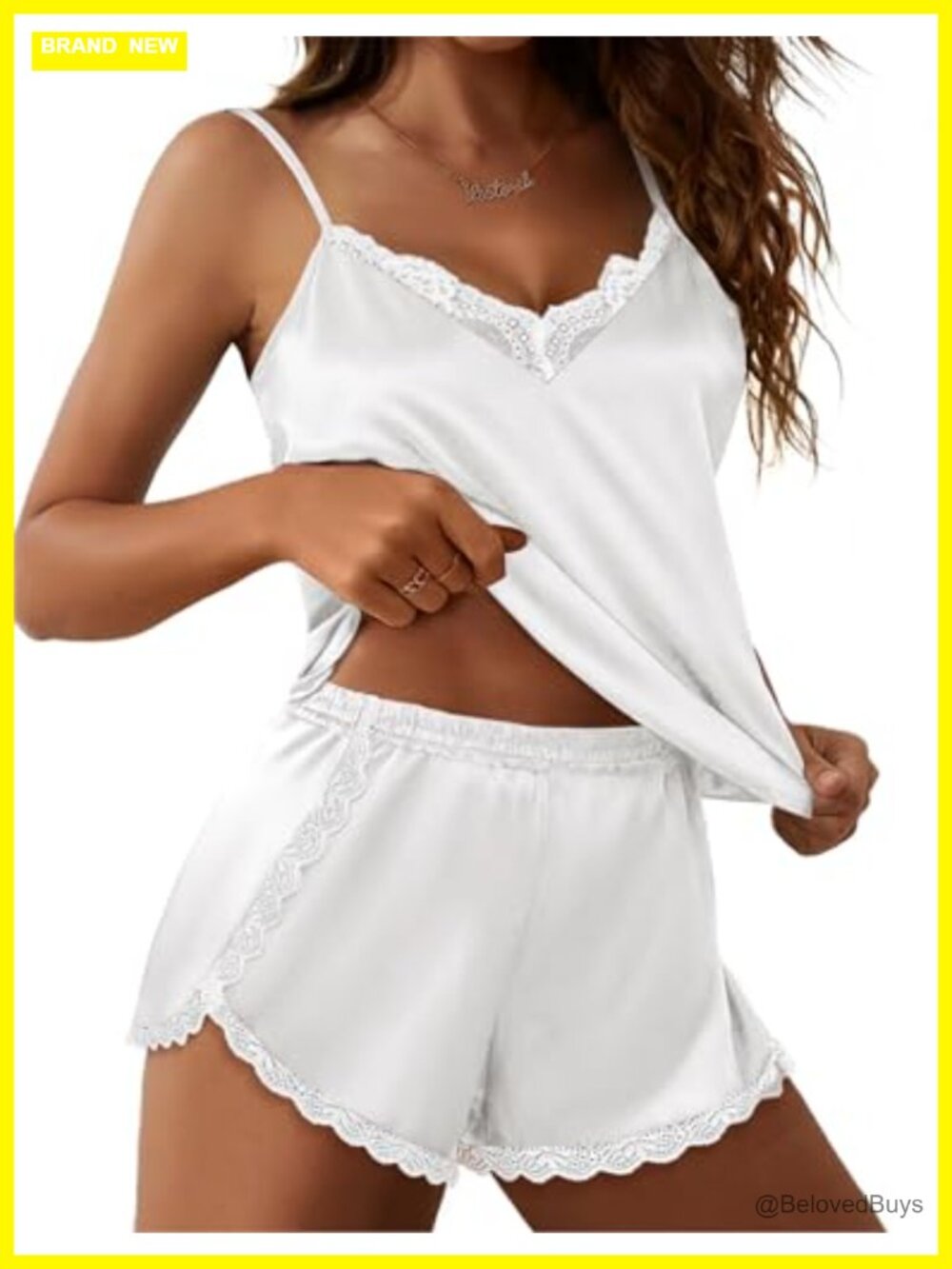 Ekouaer Women's 2-Piece Satin Pajama Set Lace Camisole and Shorts